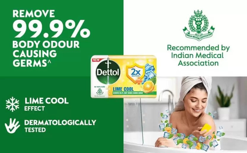 Dettol Lime Cool Bathing Soap Bar (60g) - 2x Menthol Long Lasting