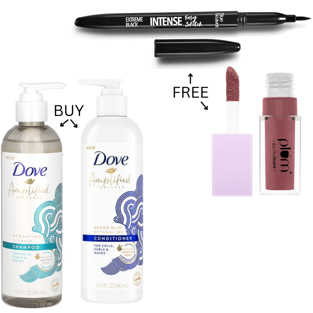 Feb Special Combo -Dove Hydrating Shampoo, Dove Detangling Conditioner,  Plum Lip Gloss and Blue Heaven Eyeliner