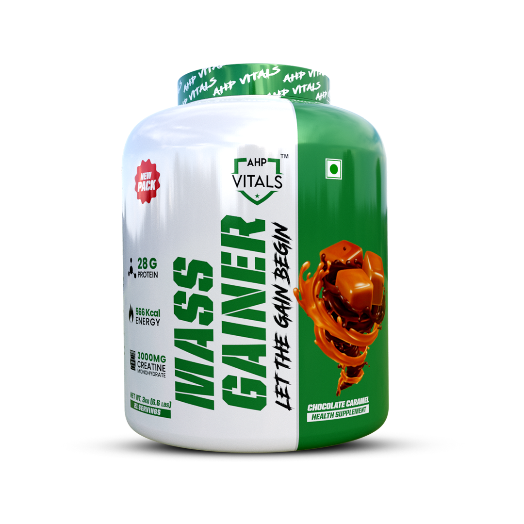 AHP Vitals Mass Gainer Chocolate Caramel - 3KG: Fuel Your Growth with Delicious High-Calorie Support