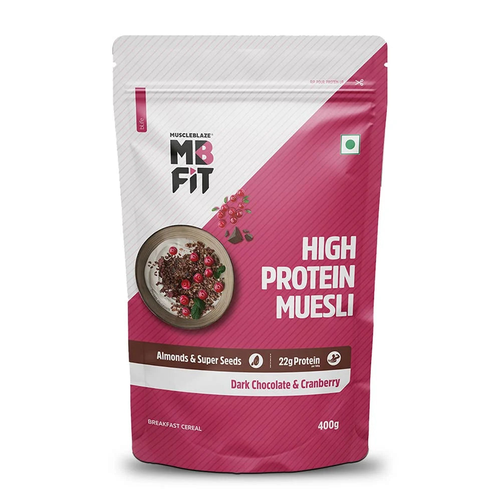MuscleBlaze High Protein Muesli, 400 g, Dark Chocolate & Cranberry