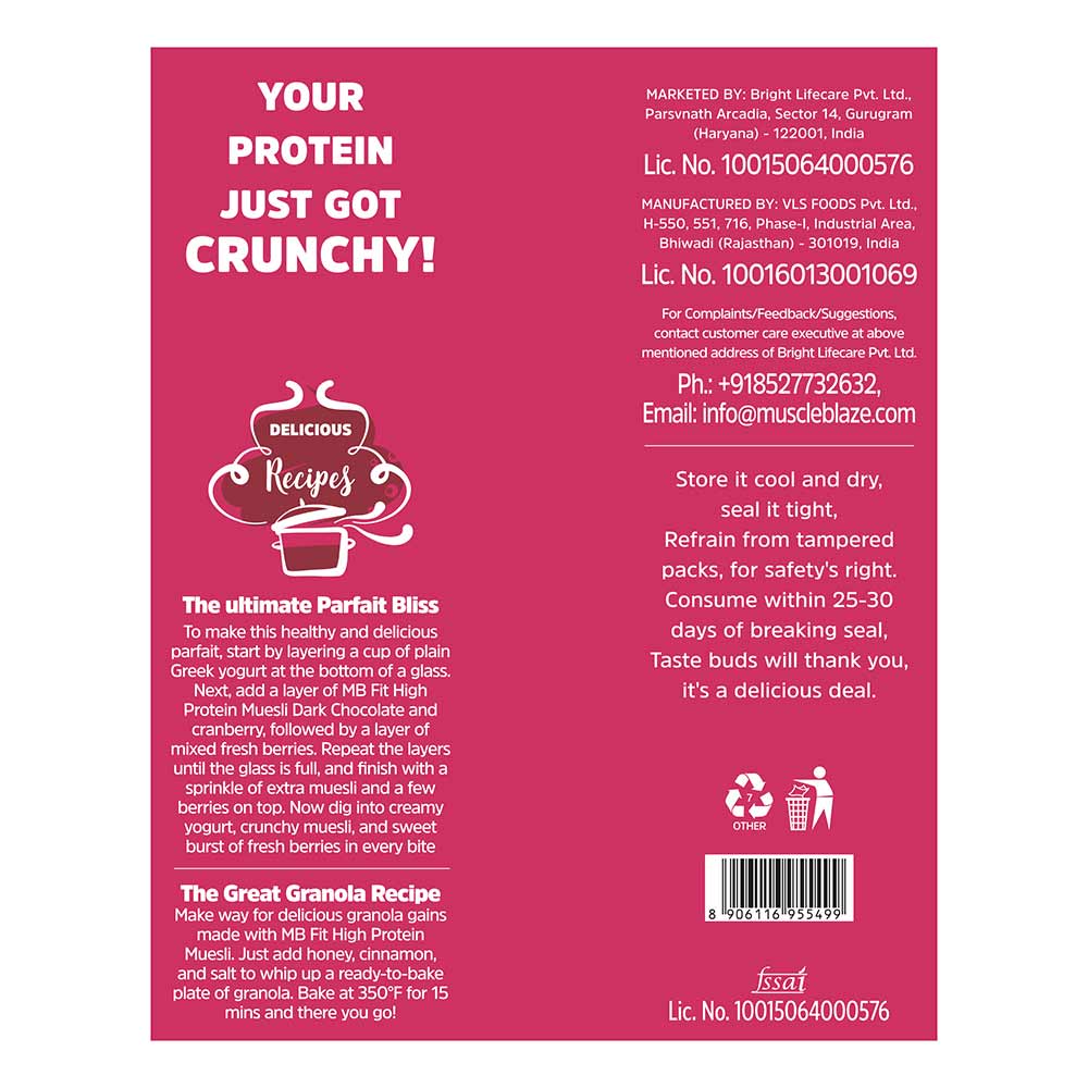MuscleBlaze High Protein Muesli, 400 g, Dark Chocolate & Cranberry
