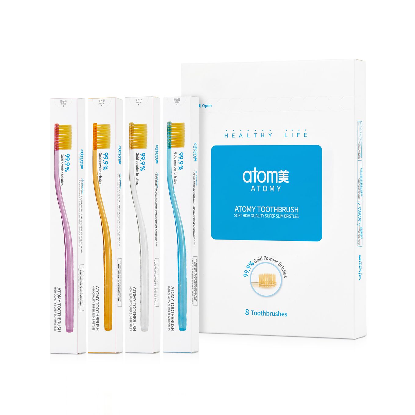 Atomy Antibacterial Toothbrush (Pack of 8) – 0.03mm Super Slim Gold-Infused Bristles & Ergonomic Diamond-Cut Handle for Gentle Gum Care