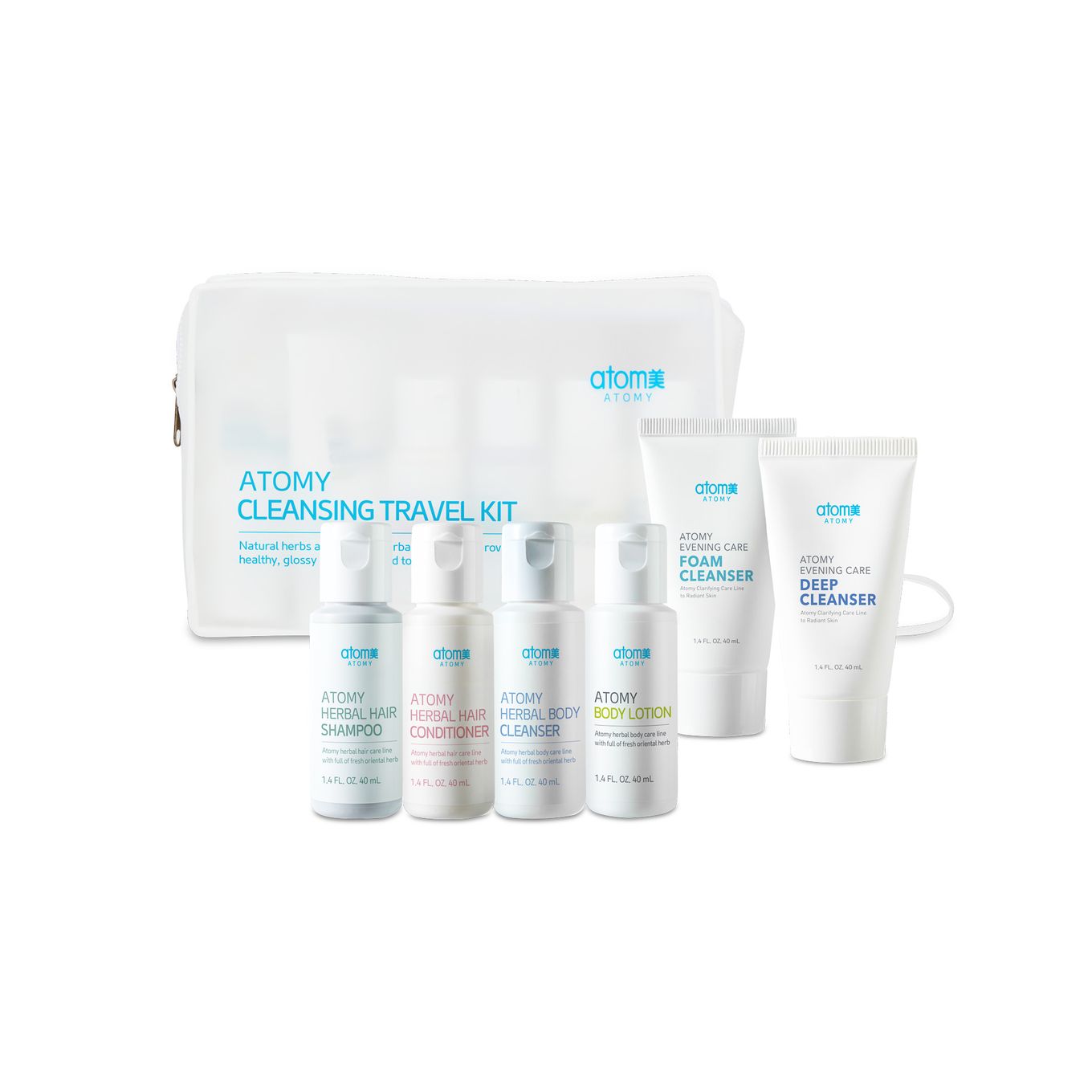 Atomy Cleansing Travel Kit (6-Piece Set) – Portable Korean Skincare, Hair & Body Care Mini Kit with Zipper Pouch (40ml Each)